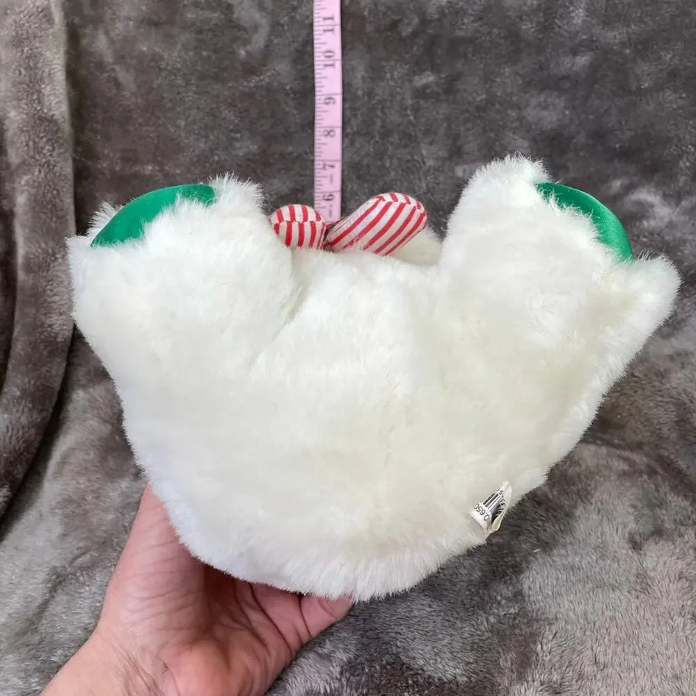 Vtg 90's White Christmas Bear Plush w/ Candy Canes & Santa Hat Green Feet TAGS